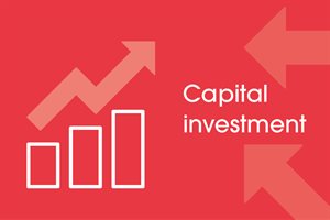 Capital investment icon showing a bar chart and an arrow pointing upwards