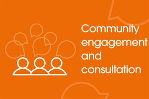 Community engagement and consultation icon showing people with speech bubbles above them