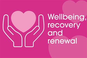 Wellbeing, recovery and renewal icon showing hands holding a heart