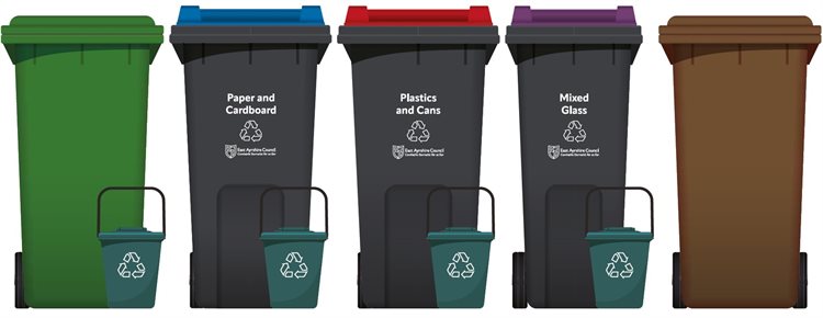 Five wheelie bins for collecting general waste and recycling