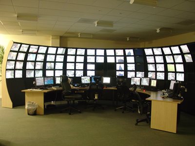 A room displaying multiple monitors linked to close circuit cameras