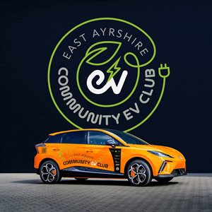 Community Electric Car Hire Club logo and orange MG4 electric car