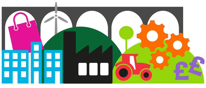 buildings, shopping bag, tractor, wheel cogs, money, representing building a fairer economy