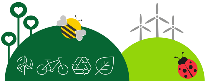 hills, trees with hearts, bee, windmills, bike, recycling, leaf, ladybird, representing delivering a clean green East Ayrshire