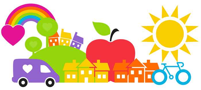 town or village with hill, houses, trees, rainbow, apple, sunshine, van, bike, representing improving community wellbeing