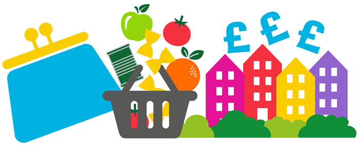 shopping bag, shopping basket, food, houses, money, representing tackling poverty and inequality