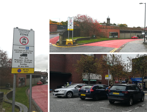 Foregate Square, Kilmarnock - three photos joined together showing the formal zone entry signs, the expanded taxi parking bay and the dedicated parking places for blue badge holders