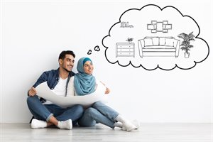Couple sitting on the floor against a blank wall in an empty room. They are looking at a plan. There's a think bubble showing drawings of new furniture.