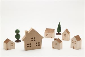 Small wooden blocks shaped as houses trees