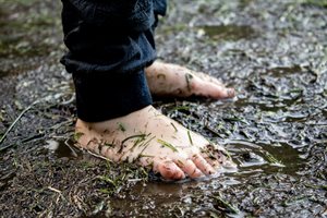 Bare feet in a muddy puddle