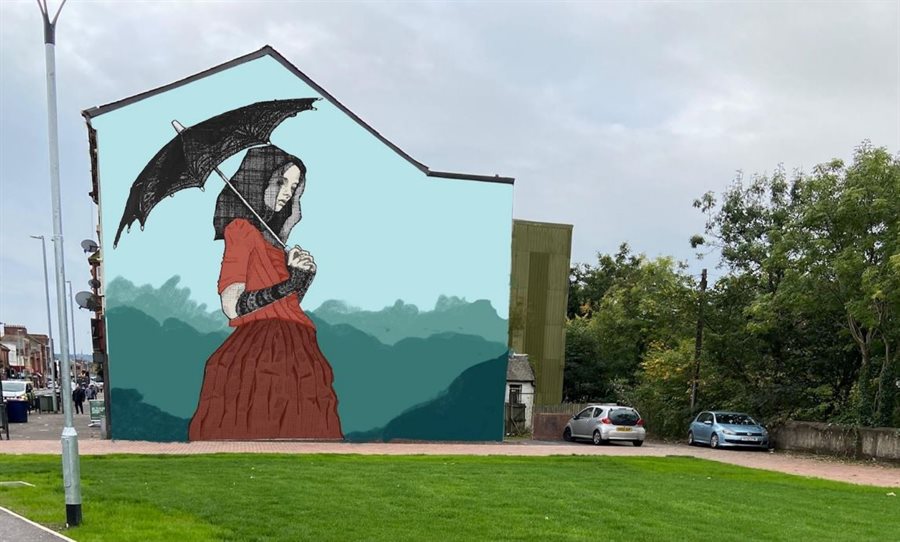 Mural of a lady in a red dress, black veil and lace gloves, carrying a black umbrella, walking in the Howard Park