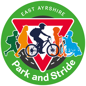 East Ayrshire park and stride logo showing people walking, cycling, scooting and wheeling to school