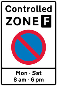 Parking sign - controlled zone F with no waiting, days and times