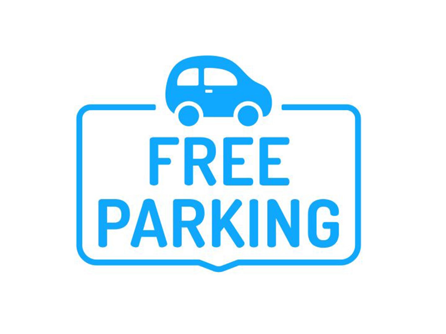 A blue car with the words "free parking" below it