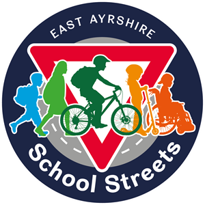 School streets logo showing children walking, cycling, scooting and wheeling to school