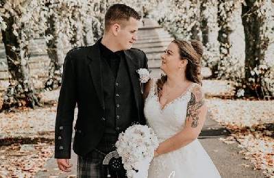 Bride and groom looking into each others eyes